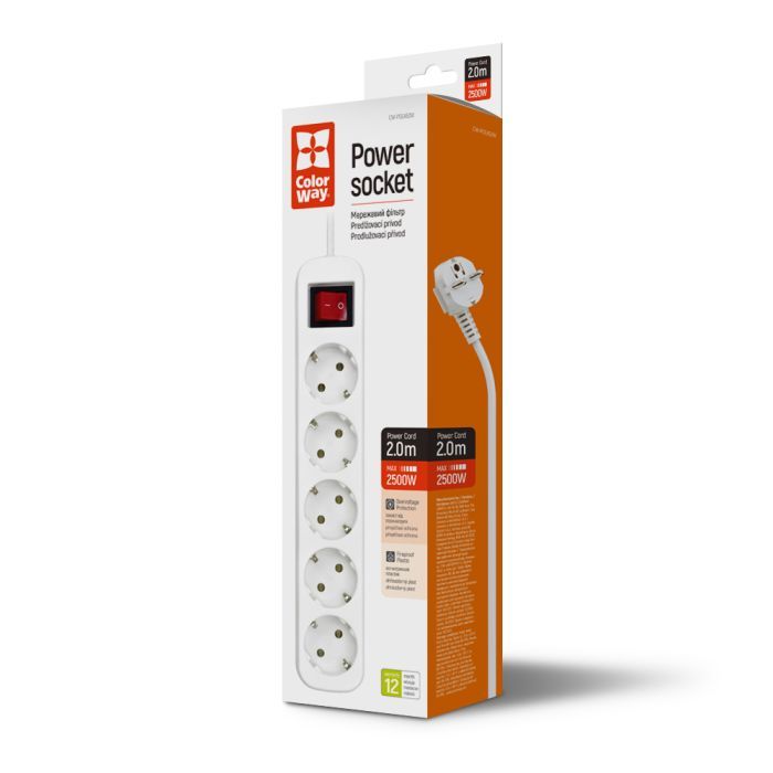Мережевий фільтр живлення ColorWay CW-PSEA52W, 5 розеток/ 2M white (CW-PSEA52W) зображення 7