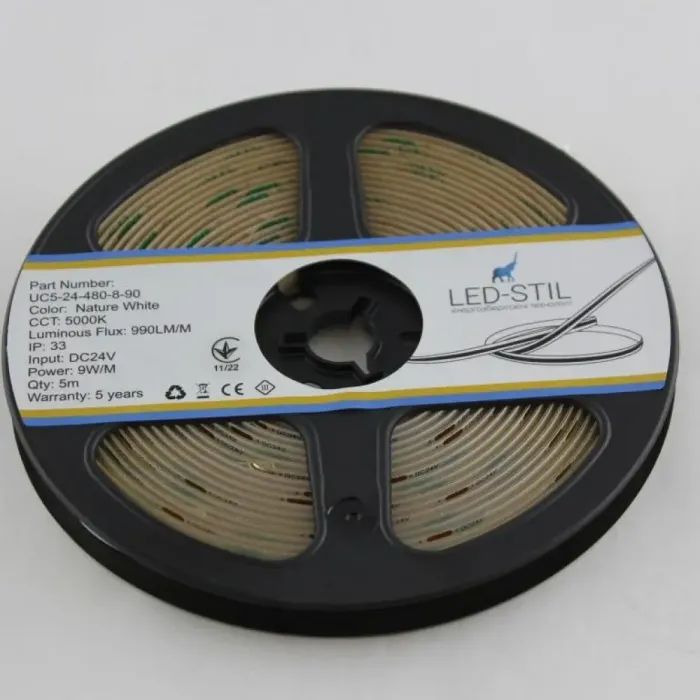 Світлодіодна стрічка LED-STIL 5000K 9 Вт/м COB 480 діодів IP33 24 Вольта 990 lm біле денне світло (UC5-24-480-8-90) зображення 5