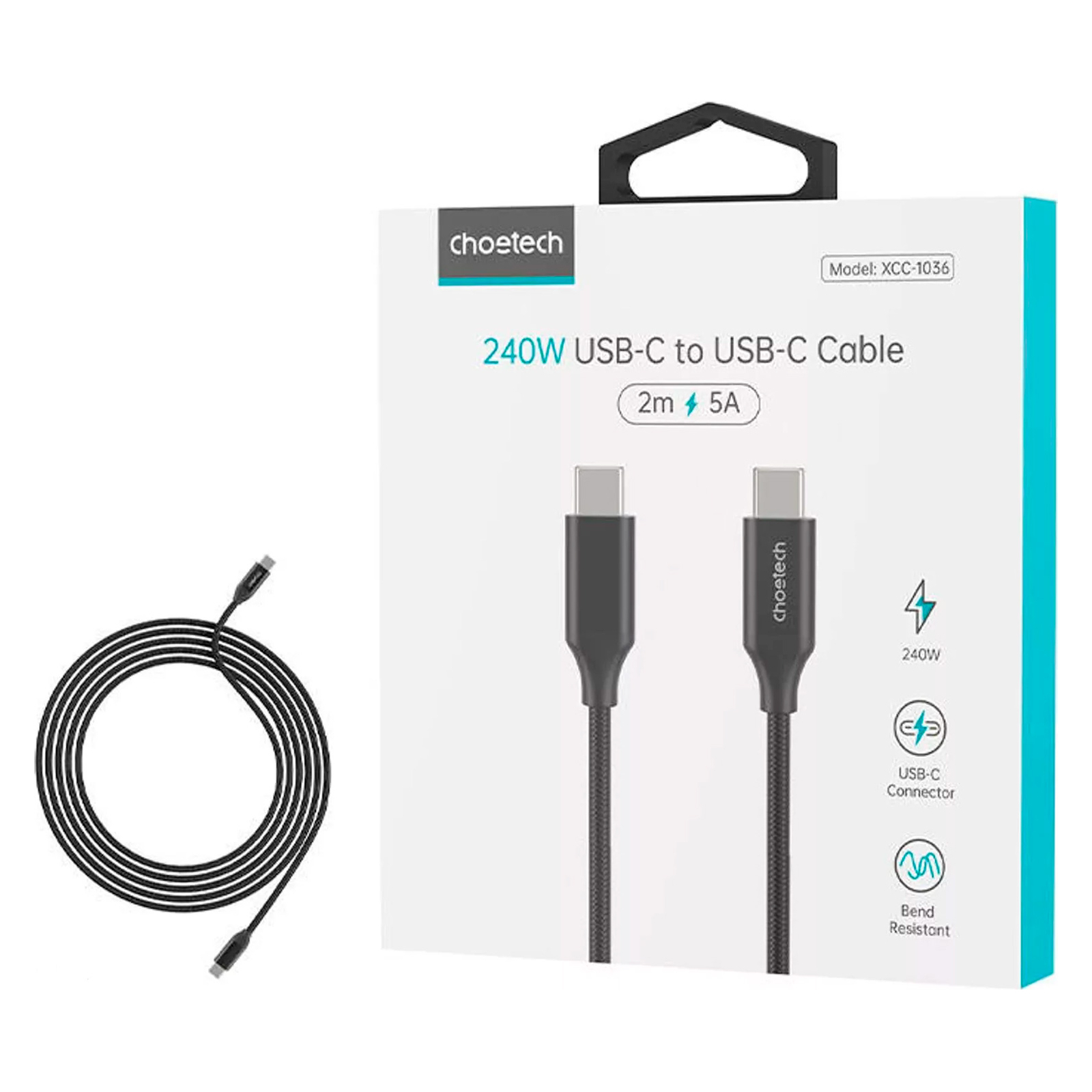 Дата кабель USB-C to USB-C 2.0m USB 3.1 Gen2 240W (50V/5A) Choetech (XCC-1036) изображение 4