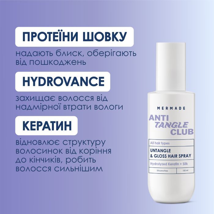 Спрей для волос Mermade Hydrolyzed Keratin + Silk Кондиционер для легкого расчесывания 150 мл (4823122900173) изображение 3