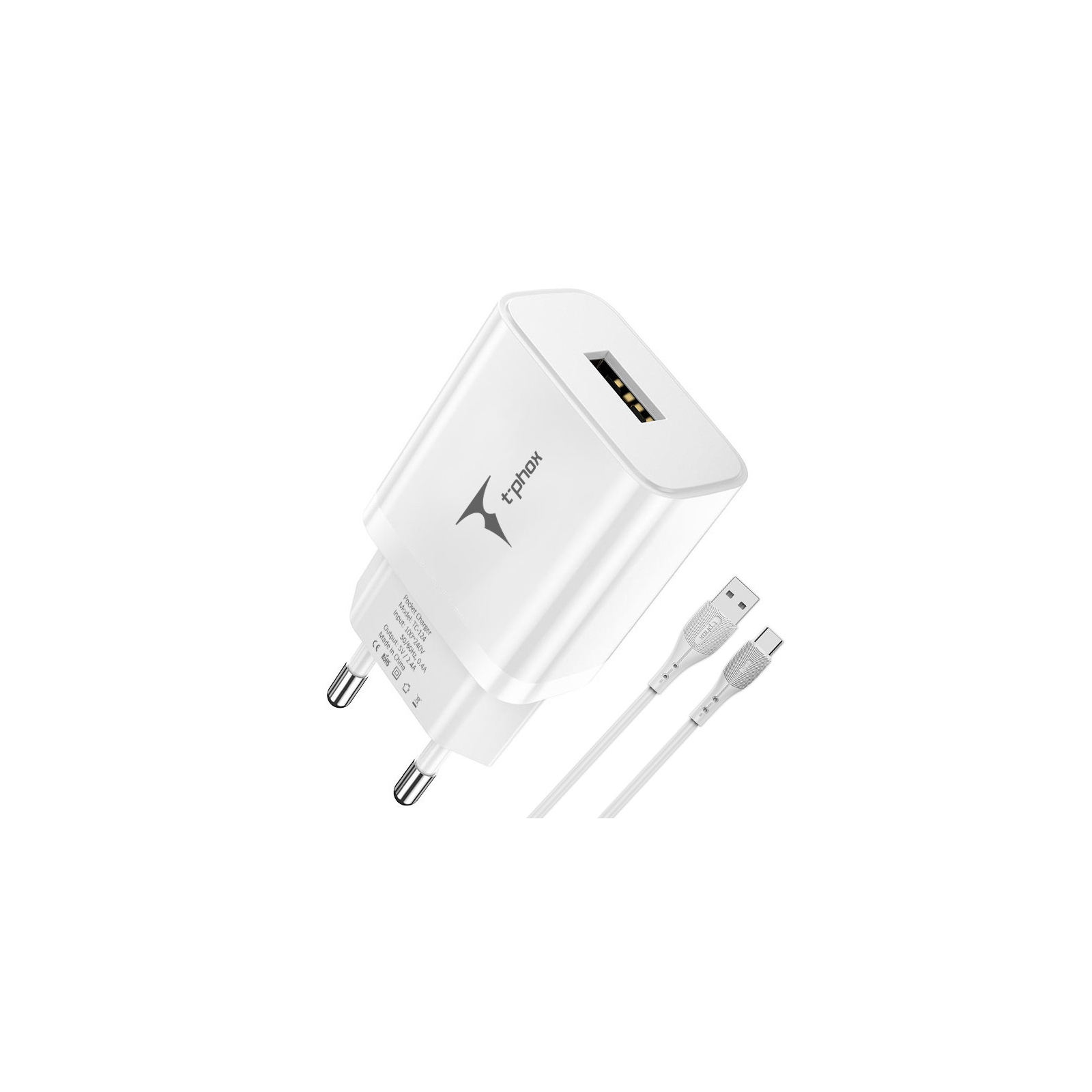 Зарядное устройство T-Phox TCC-124 Pocket USB + Type-C cable White (TCC-124 (W)+Type-C) изображение 2