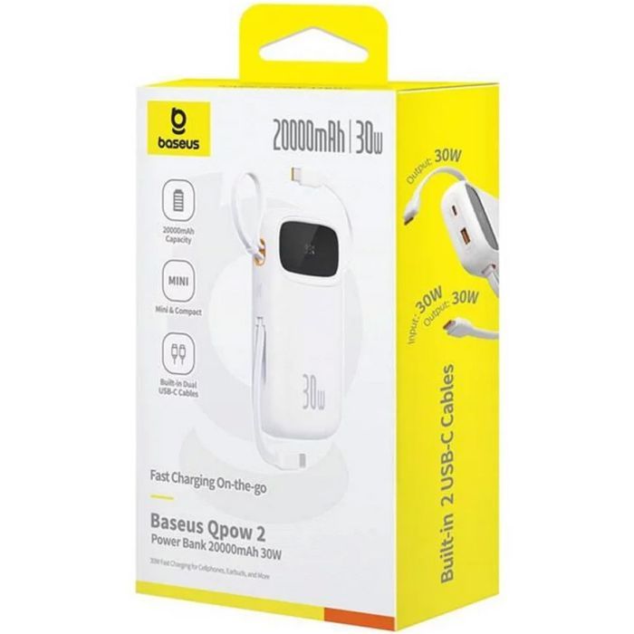 Батарея универсальная Baseus QPow2 20000mAh 30W, with 2*Type-C Cable, White (P10055009213-00) изображение 7