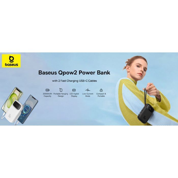 Батарея универсальная Baseus QPow2 20000mAh 30W, with 2*Type-C Cable, White (P10055009213-00) изображение 9