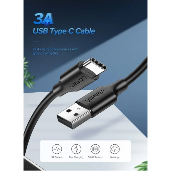 Дата кабель USB 2.0 AM to USB-C 0.5m 3.0A (18W) Nickel Plating US287 Black Ugreen (60115) зображення 5