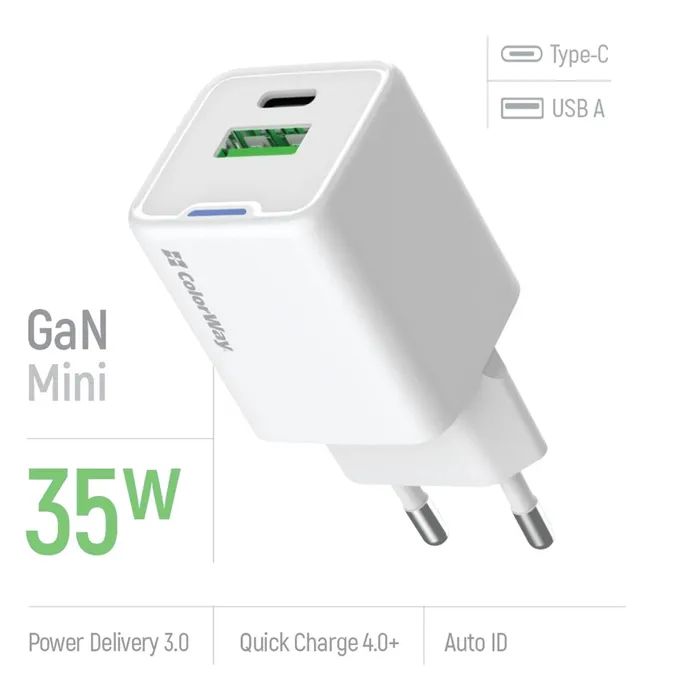 Зарядное устройство ColorWay GaN Mini 35W PD Port PPS USB (Type-C PD + USB QC4.0) white (CW-CHS055PD-WT) изображение 7