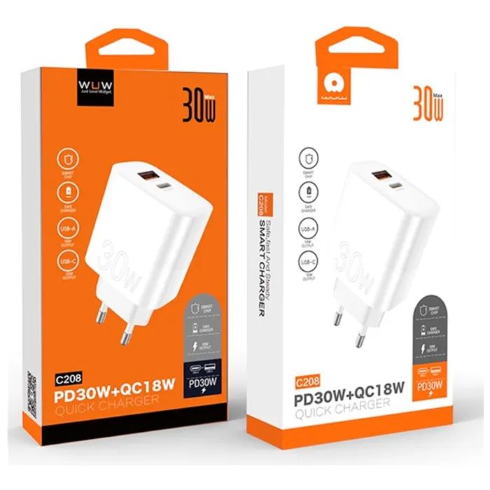 Зарядний пристрій WUW C208 1xUSB-C PD30W + 1xUSB QC3.0 18W White (6972573333417) зображення 2