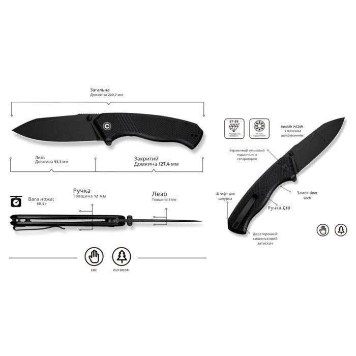 Нож Civivi Placoid, Darkwash, чорний G10 (C23079-1) изображение 10