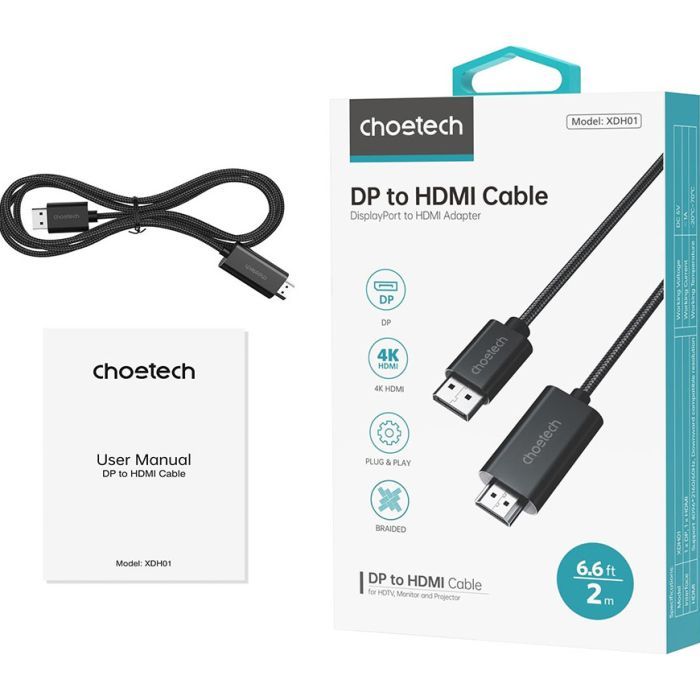 Кабель мультимедийный DisplayPort M to HDMI M 2.0m 4K60Hz Choetech (XDH01-BK) изображение 4