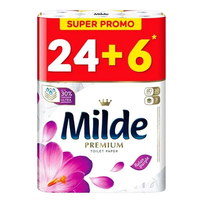 Туалетний папір Milde Relax Purple 3 шари 24+6 рулонів (3800024027512)