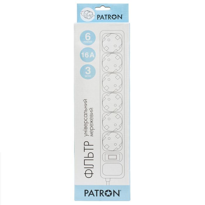 Сетевой фильтр питания Patron 3.0 m3*1.5mm2 (SP-1663) 6 розеток BLACK (EXT-PN-SP-1663) изображение 2