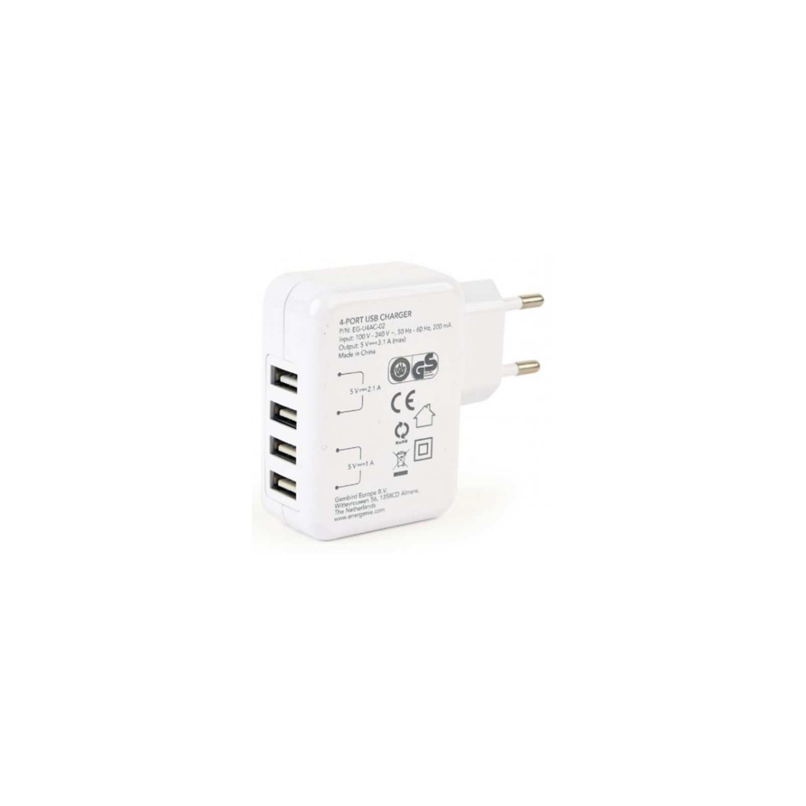 Зарядний пристрій EnerGenie 4 USB, 3.1A (EG-U4AC-02) зображення 2