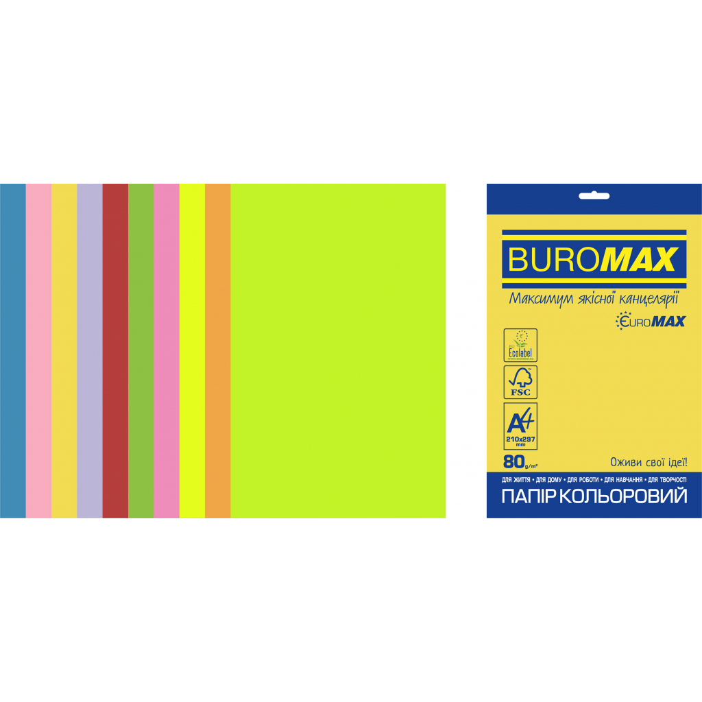 Бумага Buromax А4, 80g, NEON+INTENSIVE, 10colors, 20sh, EUROMAX (BM.2721820E-99)