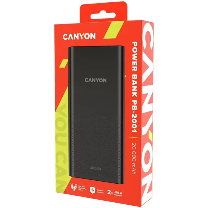Батарея универсальная Canyon 20000mAh, Input 5V/2A, Output 5V/2.1A(Max), Black (CNE-CPB2001B) изображение 3