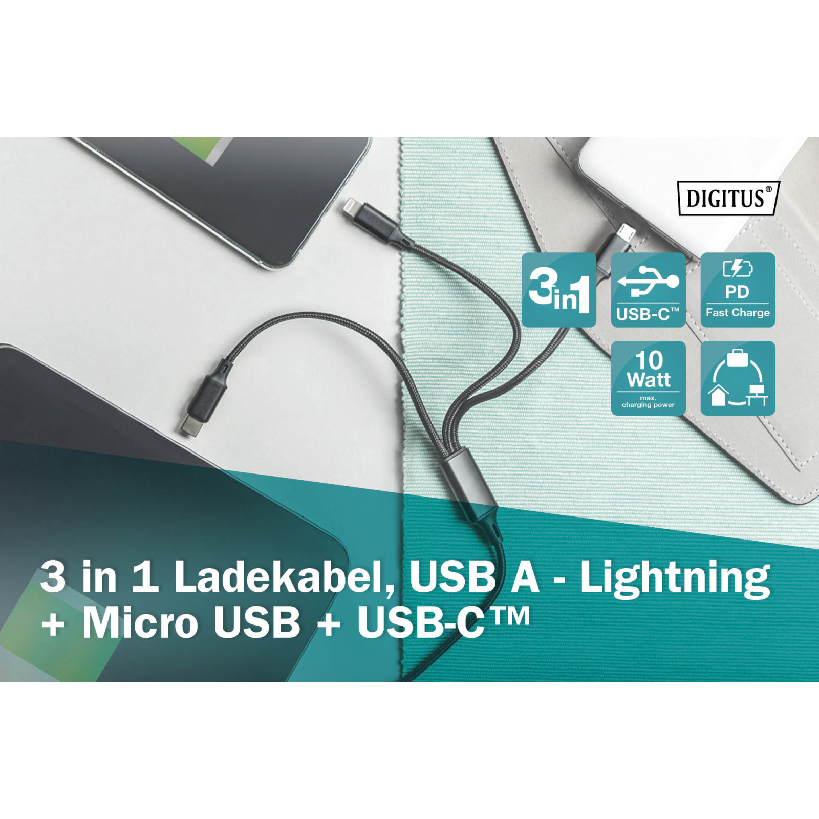 Дата кабель USB 2.0 AM to Lightning + Micro 5P + Type-C 1.0m charge only Digitus (AK-300160-010-S) изображение 9