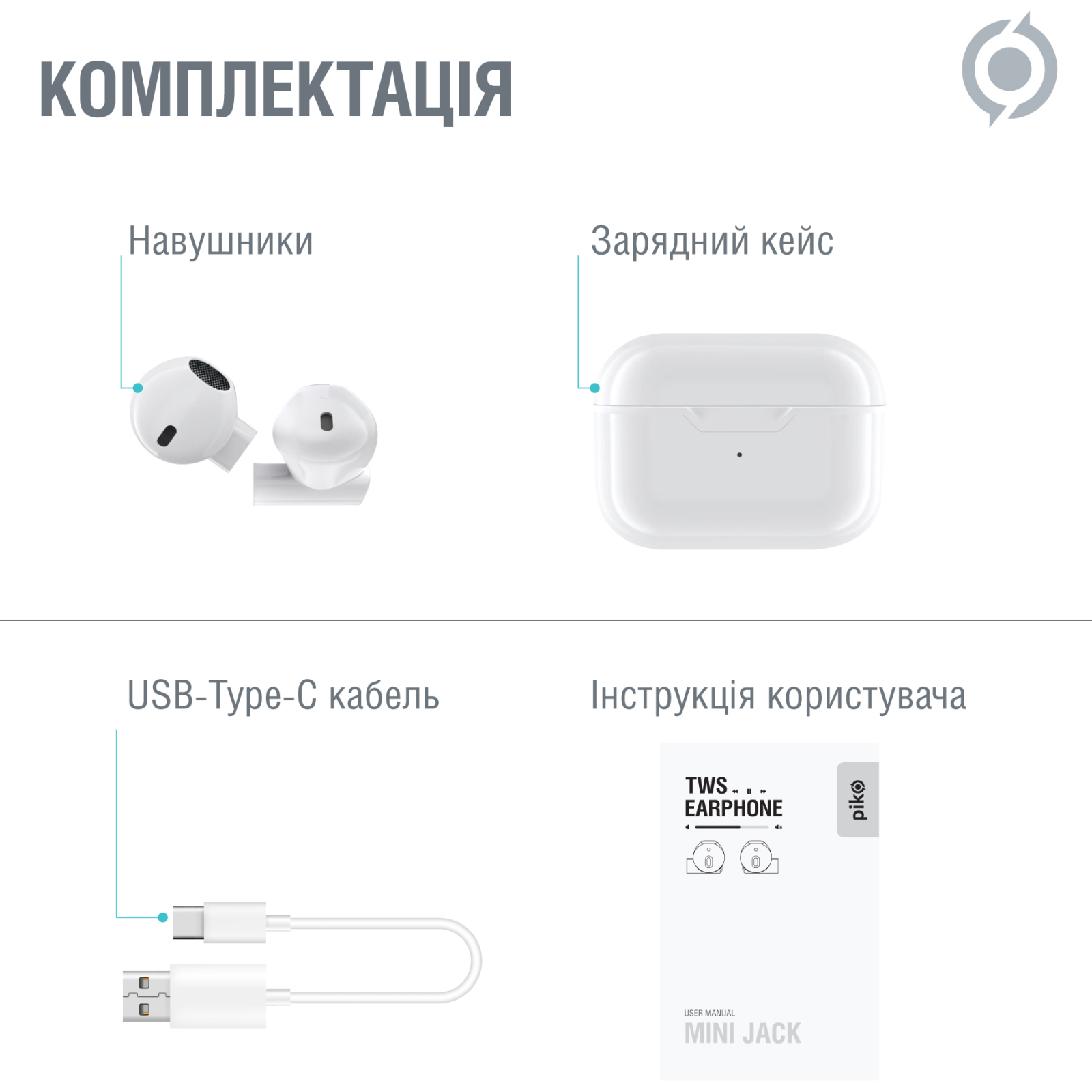 Навушники Piko TWS-MiniJack White (1283126583407) зображення 6