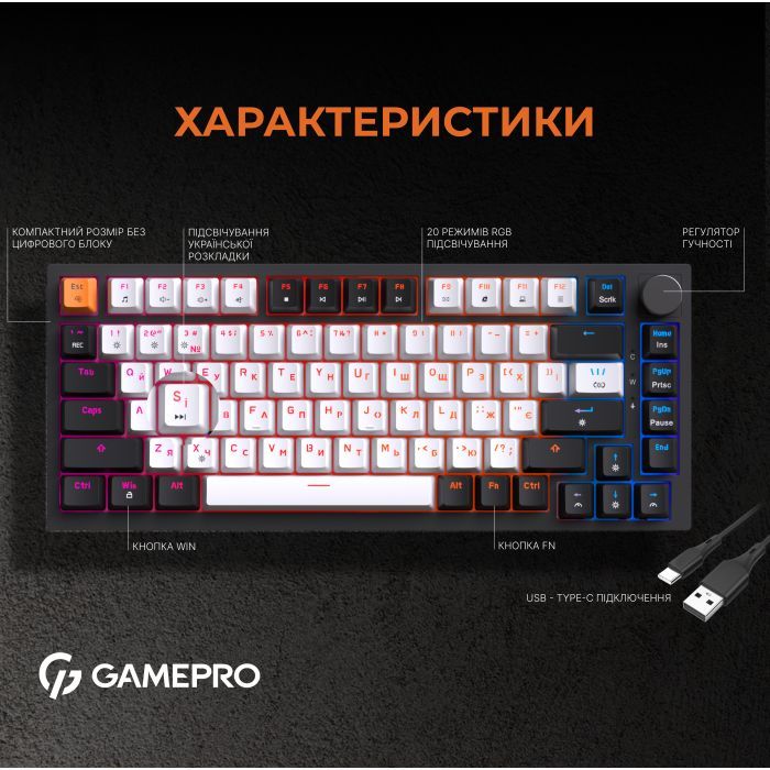 Клавиатура GamePro MK160B Hot-Swap Red Swich RGB USB UA Black (MK160B) изображение 10