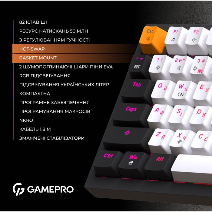 Клавиатура GamePro MK160B Hot-Swap Red Swich RGB USB UA Black (MK160B) изображение 11