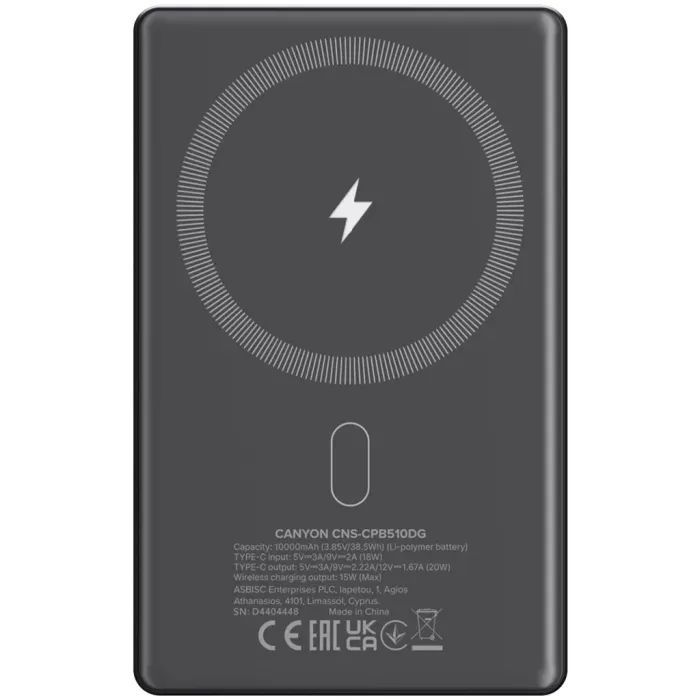 Батарея універсальна Canyon 10000mAh OnPower 510 slim Magsafe PD/20W Dark Grey (CNS-CPB510DG) зображення 3