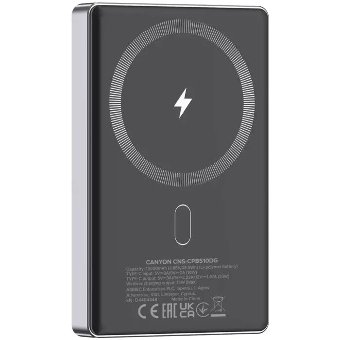 Батарея універсальна Canyon 10000mAh OnPower 510 slim Magsafe PD/20W Dark Grey (CNS-CPB510DG) зображення 4