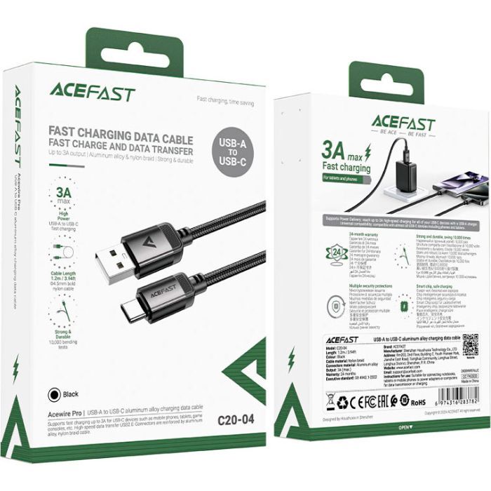 Дата кабель USB 2.0 AM to USB-C 1.2m 3.0A 18W aluminum alloy Black Acefast (6974316283782) зображення 5