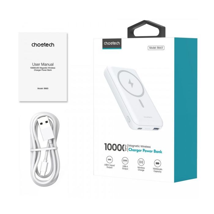 Батарея универсальная Choetech Magnetic Wireless 10000mAh 20W, PD,QC/3.0, USB-A, USB-C, White (B663-ACWH) изображение 4