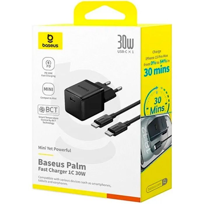 Зарядний пристрій Baseus Palm Fast Charger 1C 30W + Cable 1.0m Type-C 60W black (P10111605113-01) зображення 6