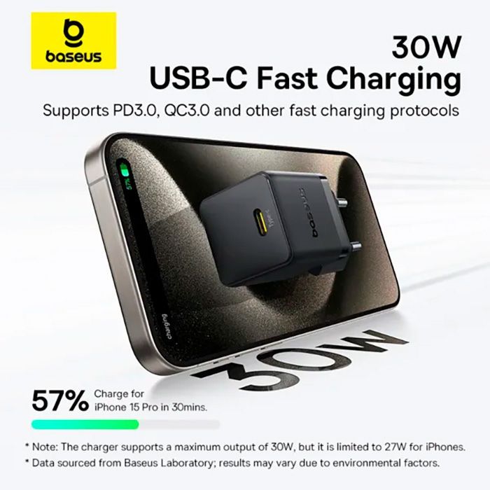 Зарядний пристрій Baseus Palm Fast Charger 1C 30W + Cable 1.0m Type-C 60W black (P10111605113-01) зображення 8