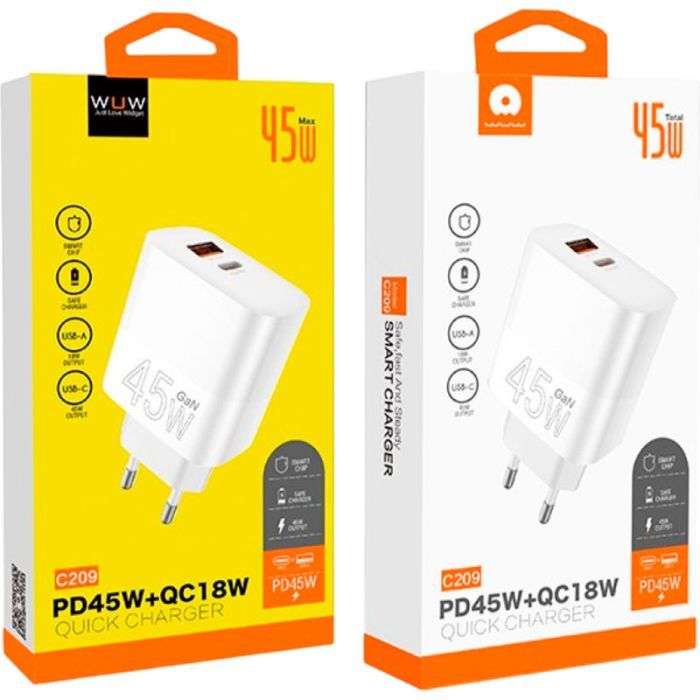 Зарядний пристрій WUW C209 1xUSB-C PD45W + 1xUSB QC3.0 18W White (WUW-C209) зображення 2