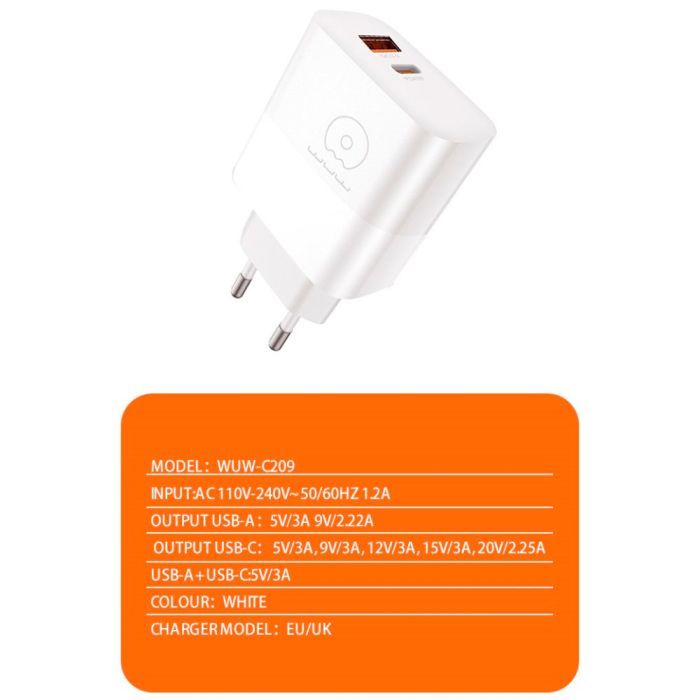 Зарядний пристрій WUW C209 1xUSB-C PD45W + 1xUSB QC3.0 18W White (WUW-C209) зображення 3