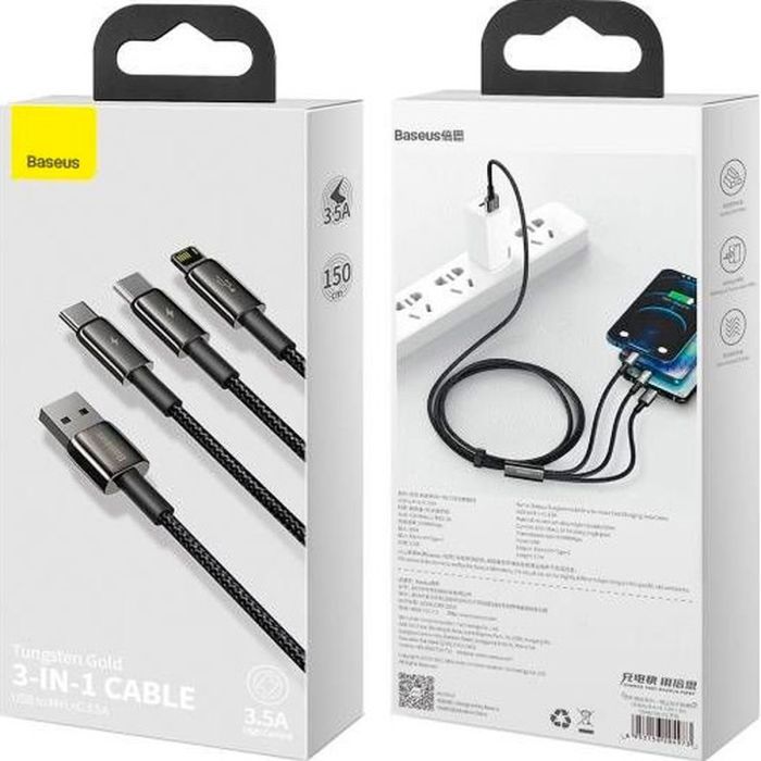 Дата кабель USB 2.0 AM to Lightning + Micro 5P + Type-C 1.5m 3.5A black Baseus (CAMLTWJ-01) изображение 3