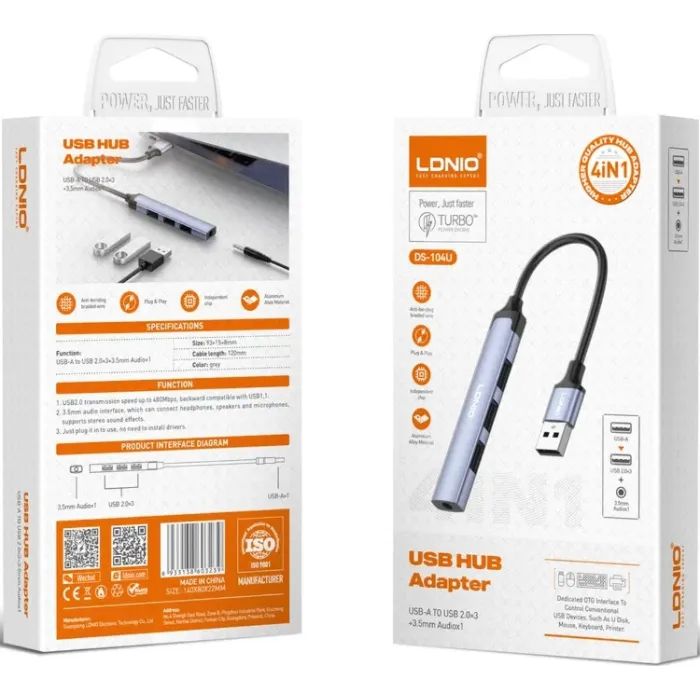 Концентратор LDNIO USB 2.0 4-in-1 3xUSB 2.0 + 1x3.5mm (DS-104U) изображение 3