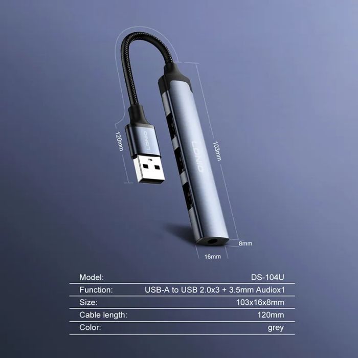 Концентратор LDNIO USB 2.0 4-in-1 3xUSB 2.0 + 1x3.5mm (DS-104U) изображение 6