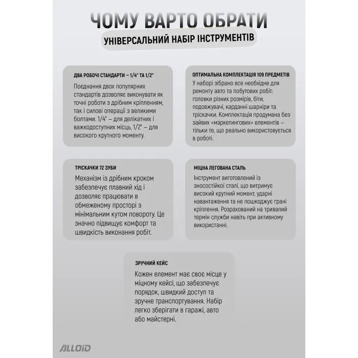 Набір інструментів Alloid 1/2" і 1/4", 6-гранний, 109 предметів (NI-109P) зображення 7