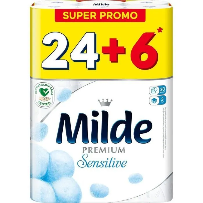 Туалетний папір Milde Sensitive 3 шари 24+6 рулонів (3800024027529)