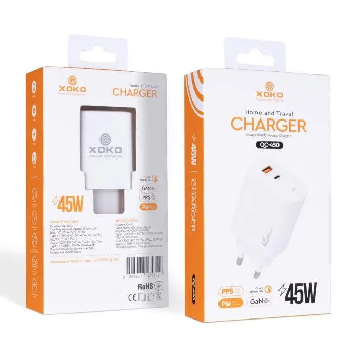 Зарядное устройство XoKo 1xUSB-C PD45W + 1xUSB QC3.0 GaN white (XK-QC-450) изображение 3