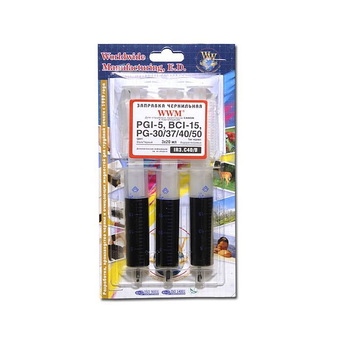 Заправочный набор WWM CANON PG-40 Black (3x20ml) (IR3.C40/B)