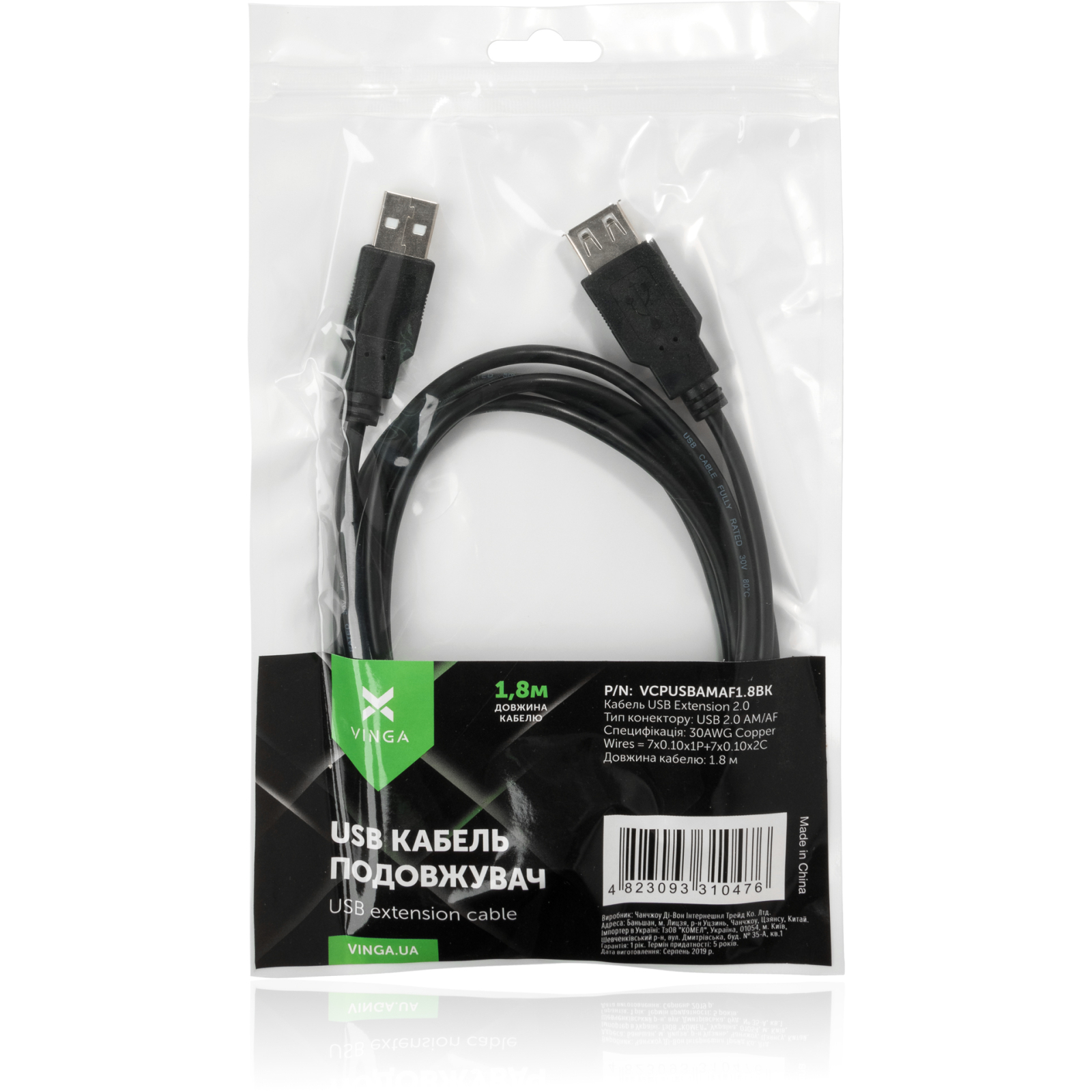 Дата кабель USB 2.0 AM/AF 1.8m Vinga (VCPUSBAMAF1.8BK) зображення 4