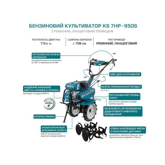 Культиватор Konner&Sohnen бензиновый KS 7HP-950S 7л.с, 105см, глубь до 31см, 80кг (KS7HP-950S) изображение 10