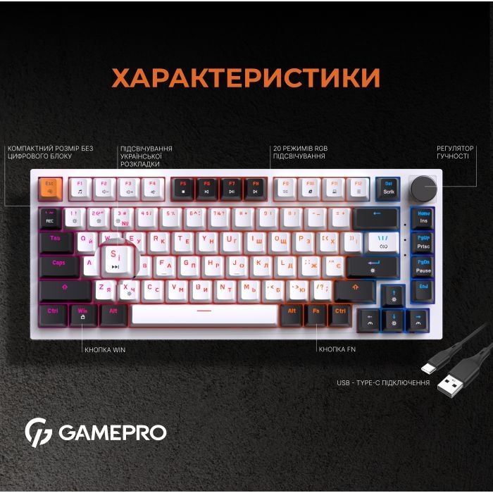 Клавиатура GamePro MK160B Hot-Swap Red Swich RGB USB UA Black (MK160B) изображение 10