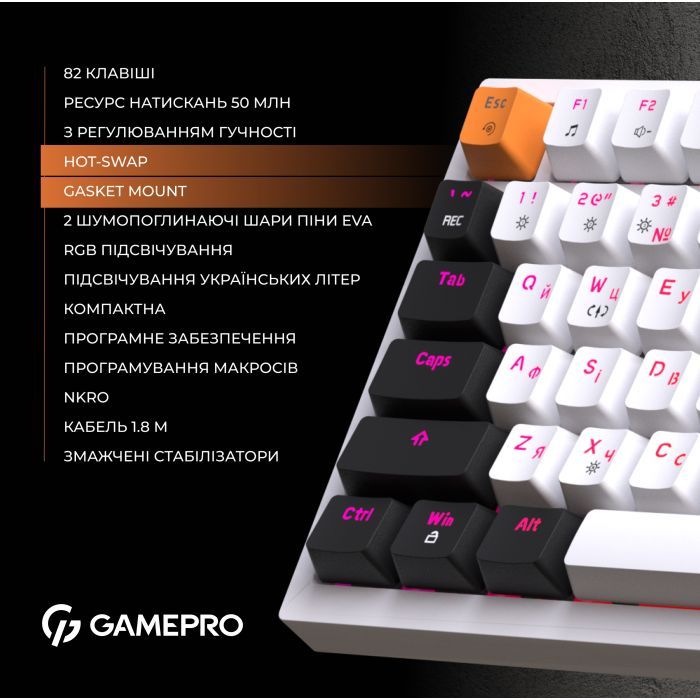 Клавиатура GamePro MK160B Hot-Swap Red Swich RGB USB UA Black (MK160B) изображение 11