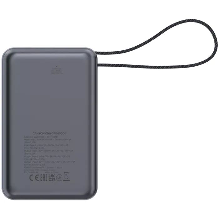 Батарея універсальна Canyon 20000mAh OnPower 600 PD/65W built-in cable Dark Grey (CNS-CPB600DG) зображення 5
