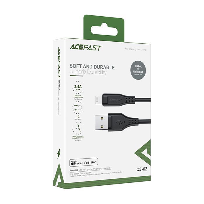 Дата кабель USB 2.0 AM to Lightning 1.2m 2.4A TPE C3-02 White Acefast (6974316280835) изображение 3