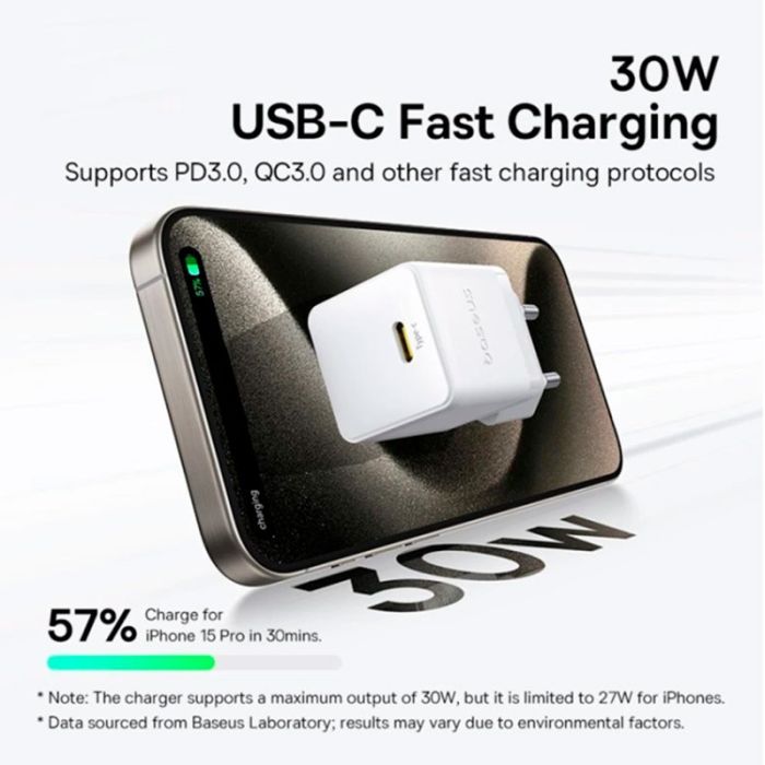 Зарядний пристрій Baseus Palm Fast Charger 1C 30W + Cable 1.0m Type-C 60W white (P10111605213-01) зображення 6
