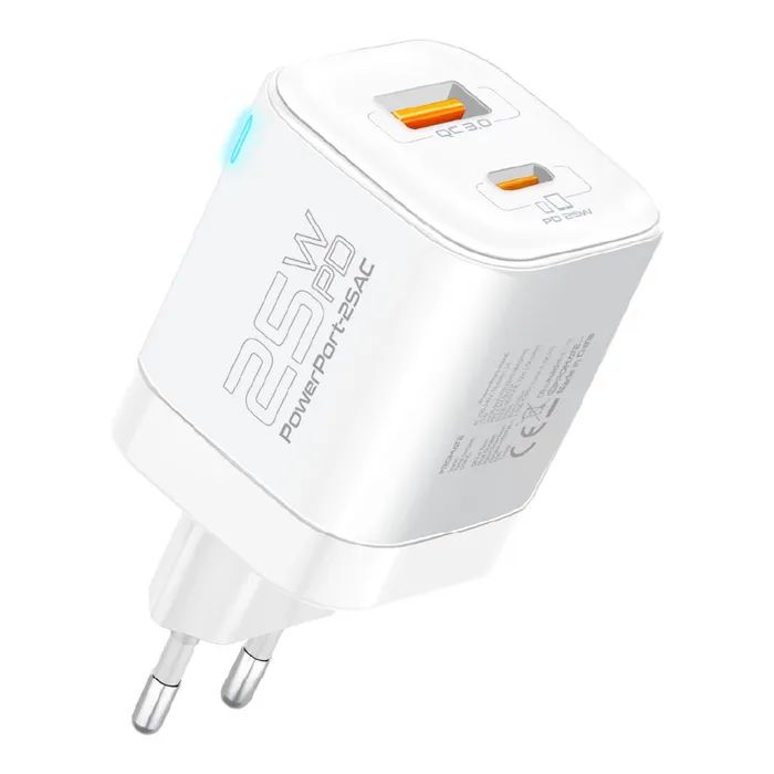 Зарядное устройство Promate USBC PD25W + USBA QC3.0 18W White (powerport-25ac.white)