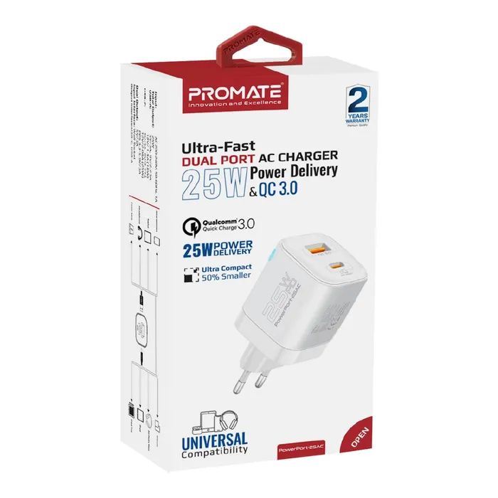 Зарядное устройство Promate USBC PD25W + USBA QC3.0 18W White (powerport-25ac.white) изображение 2
