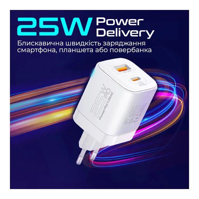 Зарядное устройство Promate USBC PD25W + USBA QC3.0 18W White (powerport-25ac.white) изображение 4