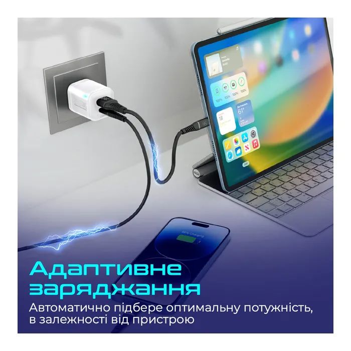 Зарядное устройство Promate USBC PD25W + USBA QC3.0 18W White (powerport-25ac.white) изображение 6