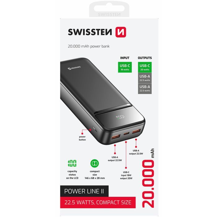 Батарея універсальна SWISSTEN 20000mAh POWER LINE II 22.5W PD QC Black (8595217490628) зображення 2