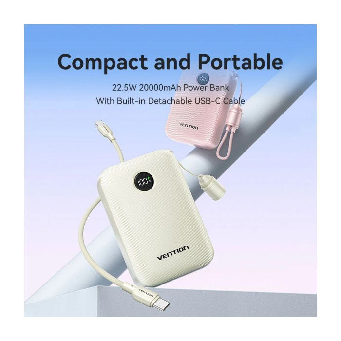 Батарея универсальная VENTION 20000mAh 22,5W Fast Charging, with built-in USB-C cable, Beige (FKBN0-C) изображение 2