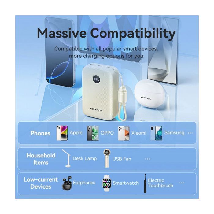 Батарея универсальная VENTION 20000mAh 22,5W Fast Charging, with built-in USB-C cable, Beige (FKBN0-C) изображение 5